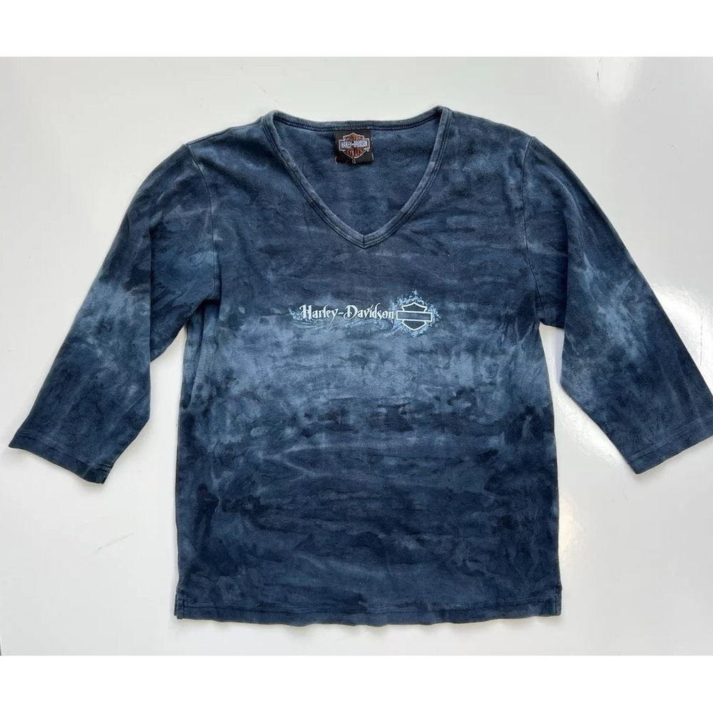 Harley Davidson T-Shirt‎ Blue Tie Dye V-Neck Y2K Vintage / Women's XL